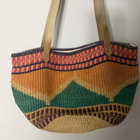 Vintage Straw Multicolor Woven Bag Leather Handle Purse - Picture 7 of 9